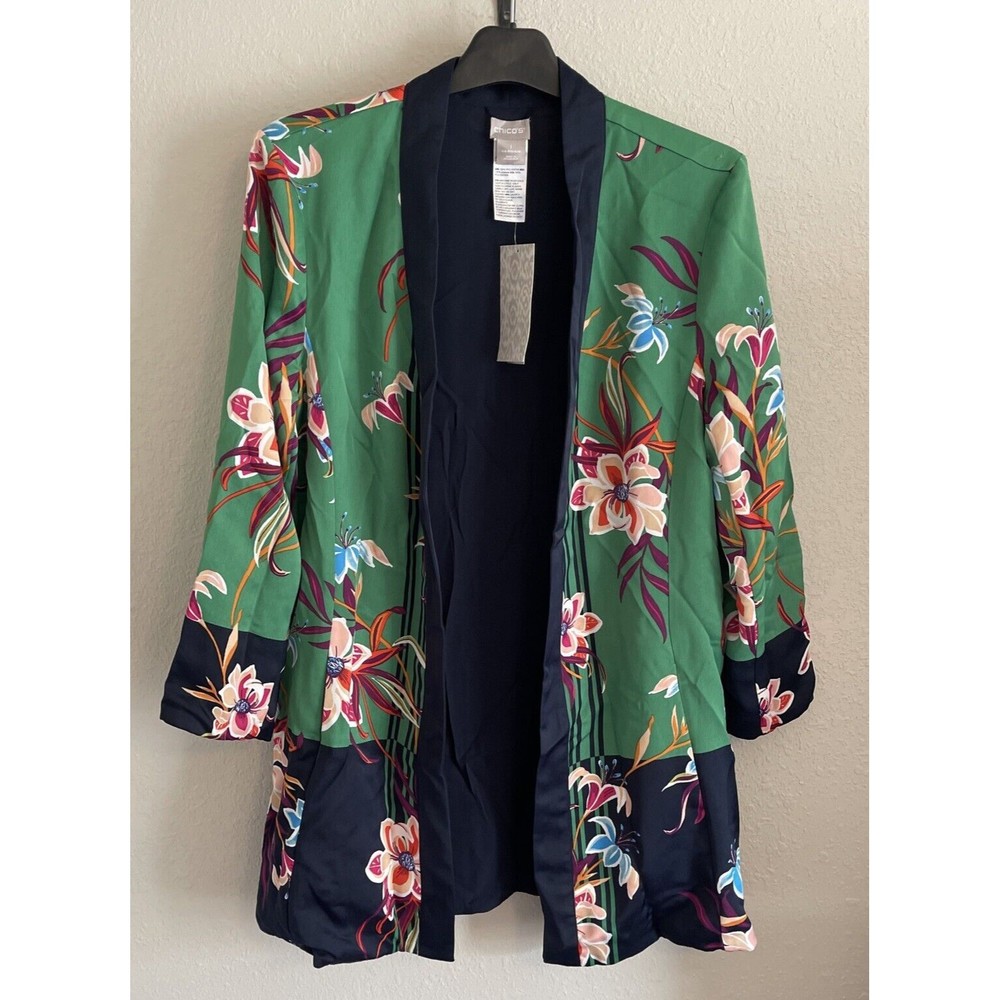 Chico's Jacket Japanese Kimono Reversible Botanical Green Navy Mid Length Size 1
